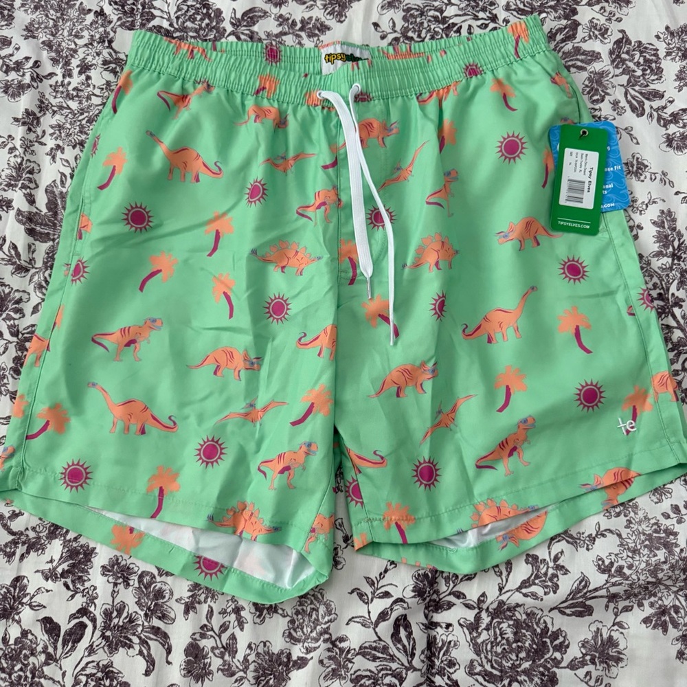 Tipsy Elves Green Swim Shorts with Orange Dinosaur Design